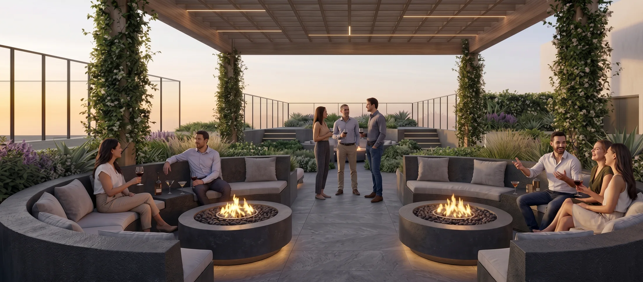 Fire pit y salas lounge en el rooftop.