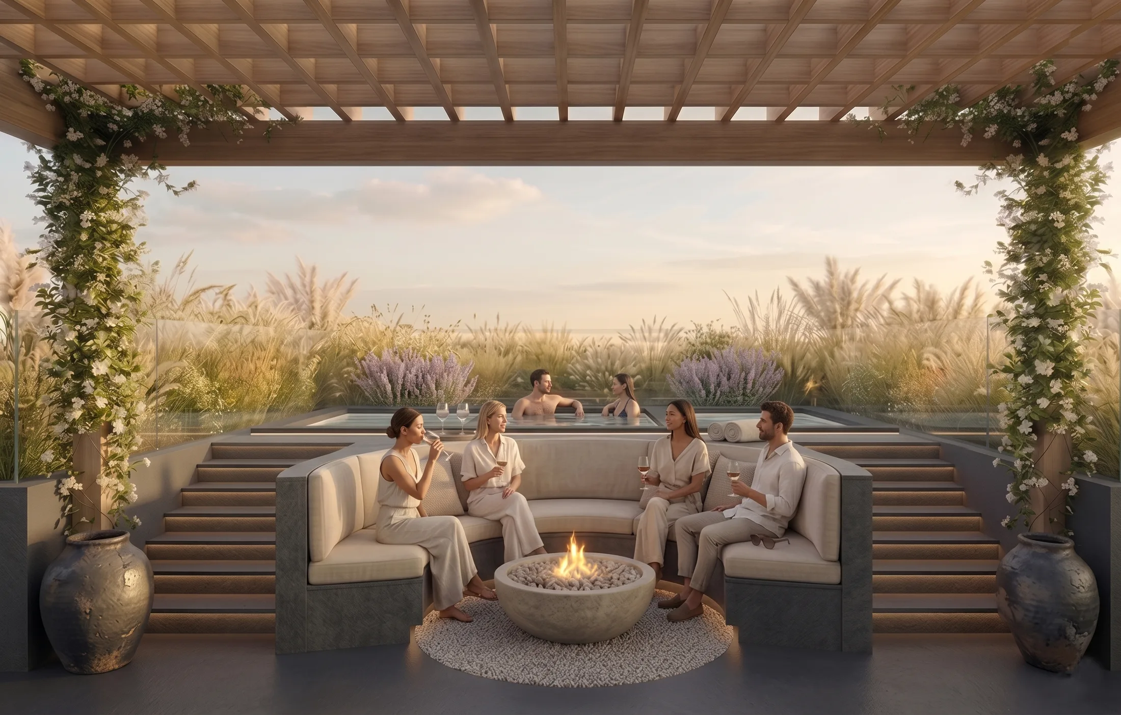 Jacuzzi con fire pit en el rooftop de Villaggio 1.