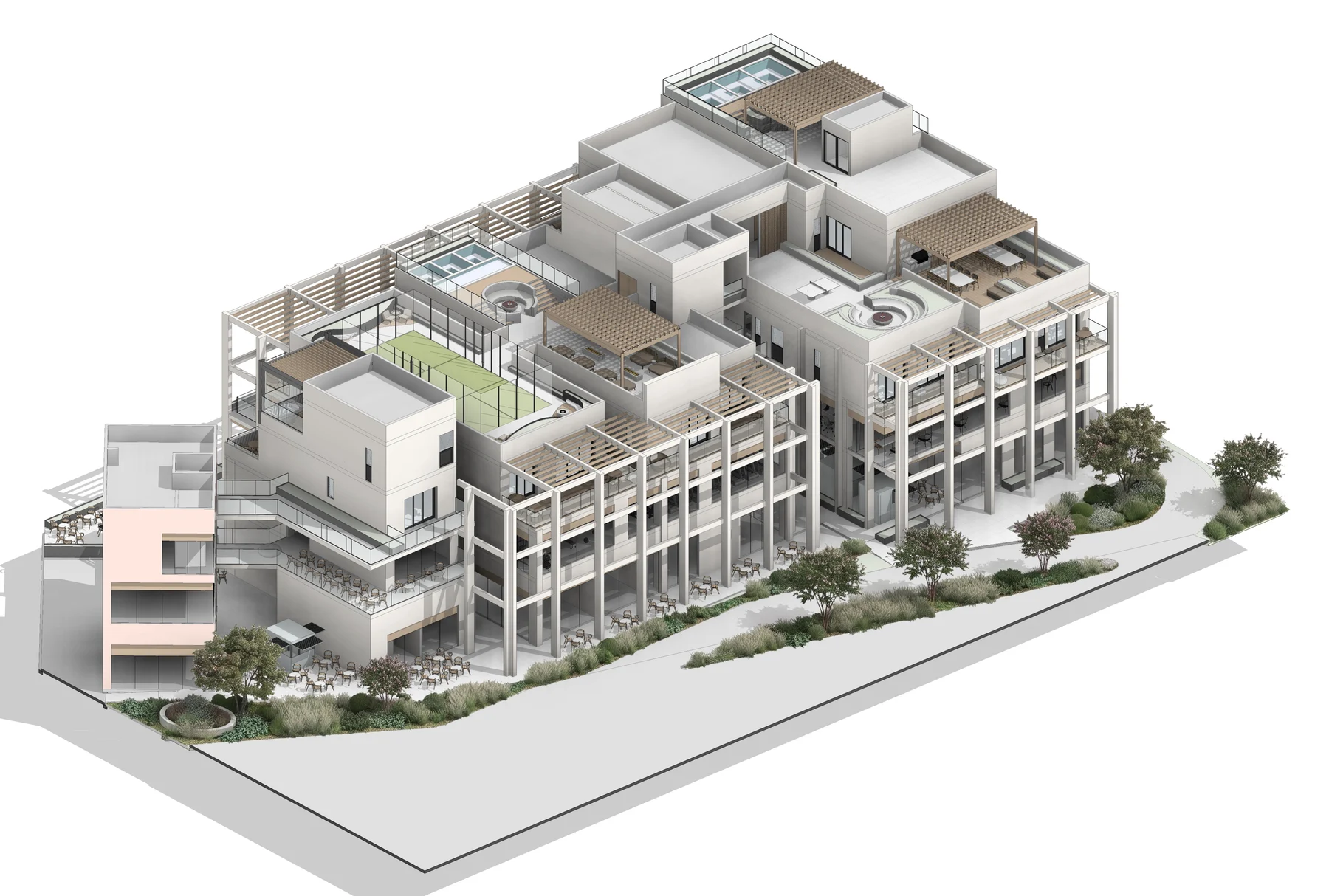 Axonométrico de Villaggio 1: el conjunto completo, con comercio, departamentos y el rooftop de amenidades.
