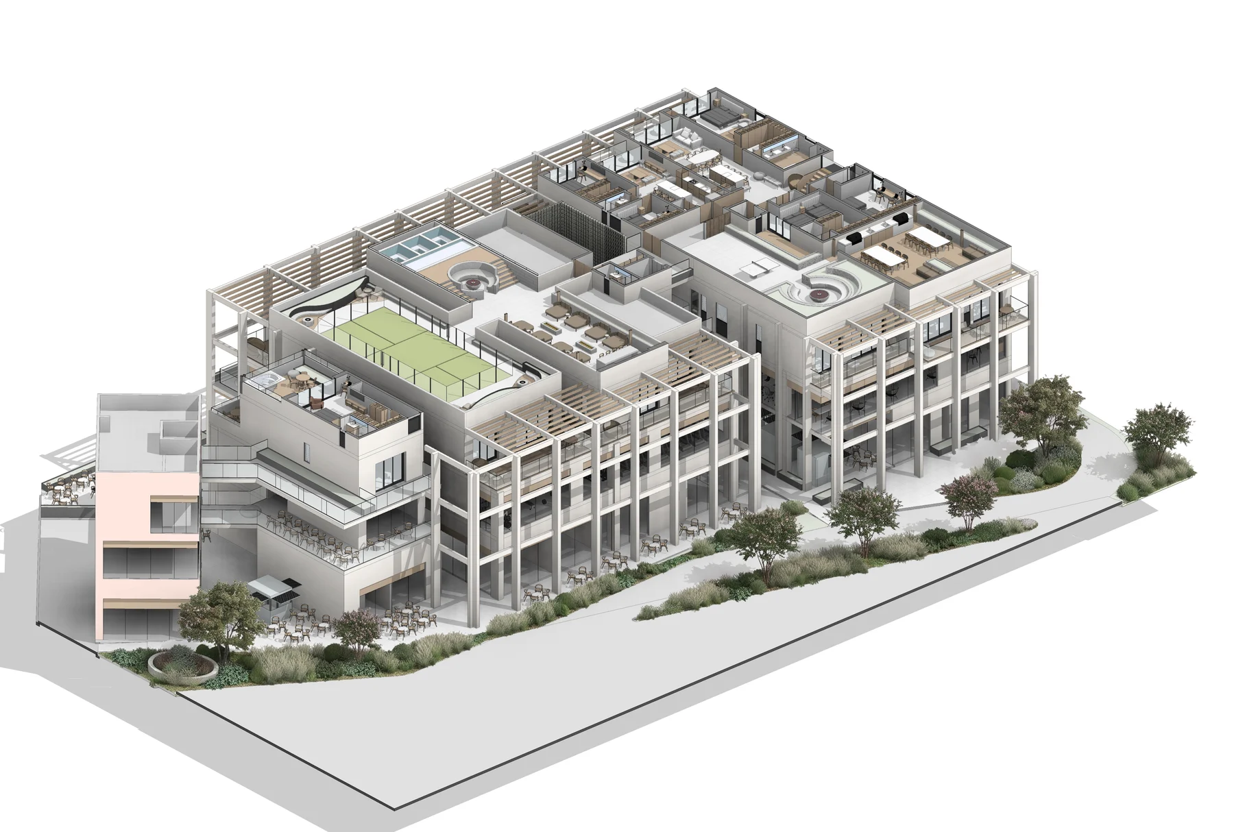Axonométrico de Villaggio 1: el rooftop de amenidades con cancha de pádel y jacuzzis.